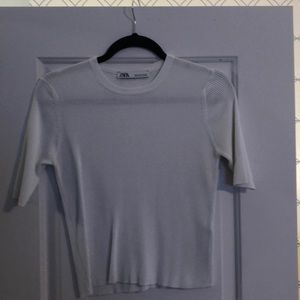 Zara white ribbed short sleeve cropped shirt